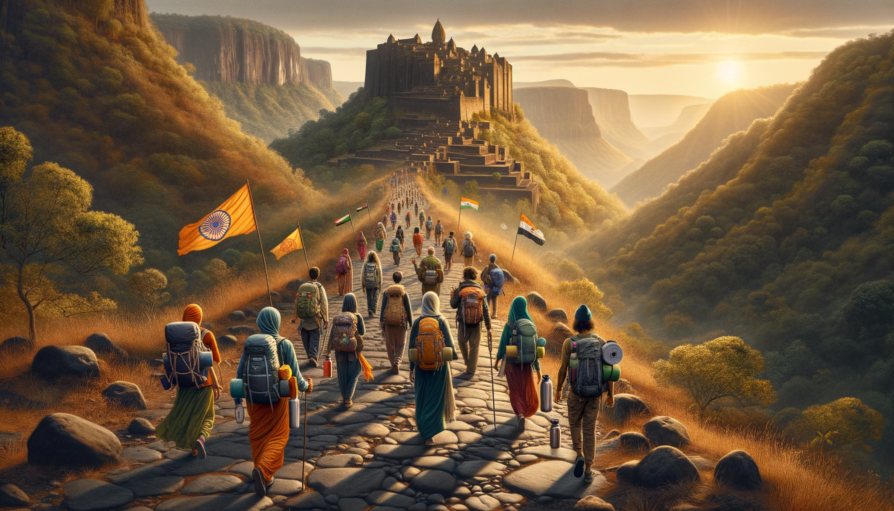 Pilgrims and trekkers with backpacks follow a cobbled path toward a hilltop fort-temple at sunrise, Indian flags waving above misty green valleys in the Western Ghats, India.