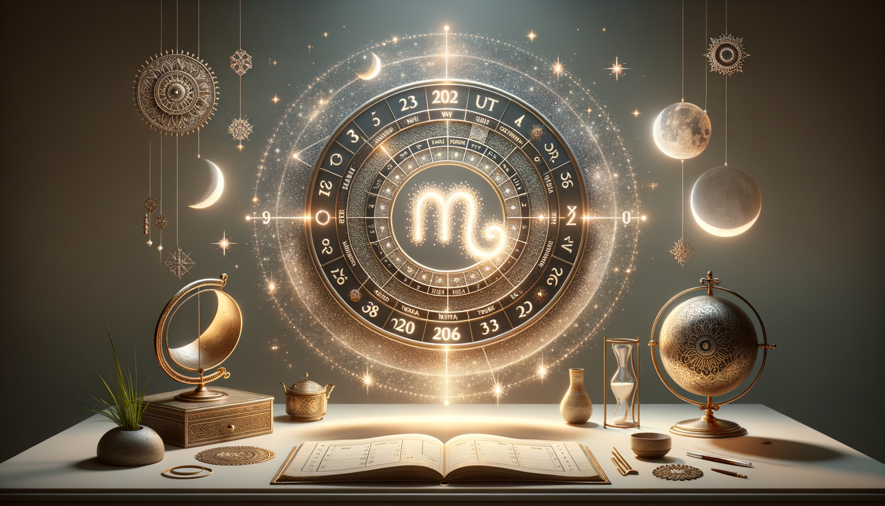 Ornate zodiac wheel glowing with the Scorpio symbol above a tidy desk, flanked by moons, an hourglass, and a decorative globe, evoking astrology, horoscope, and zodiac chart themes.