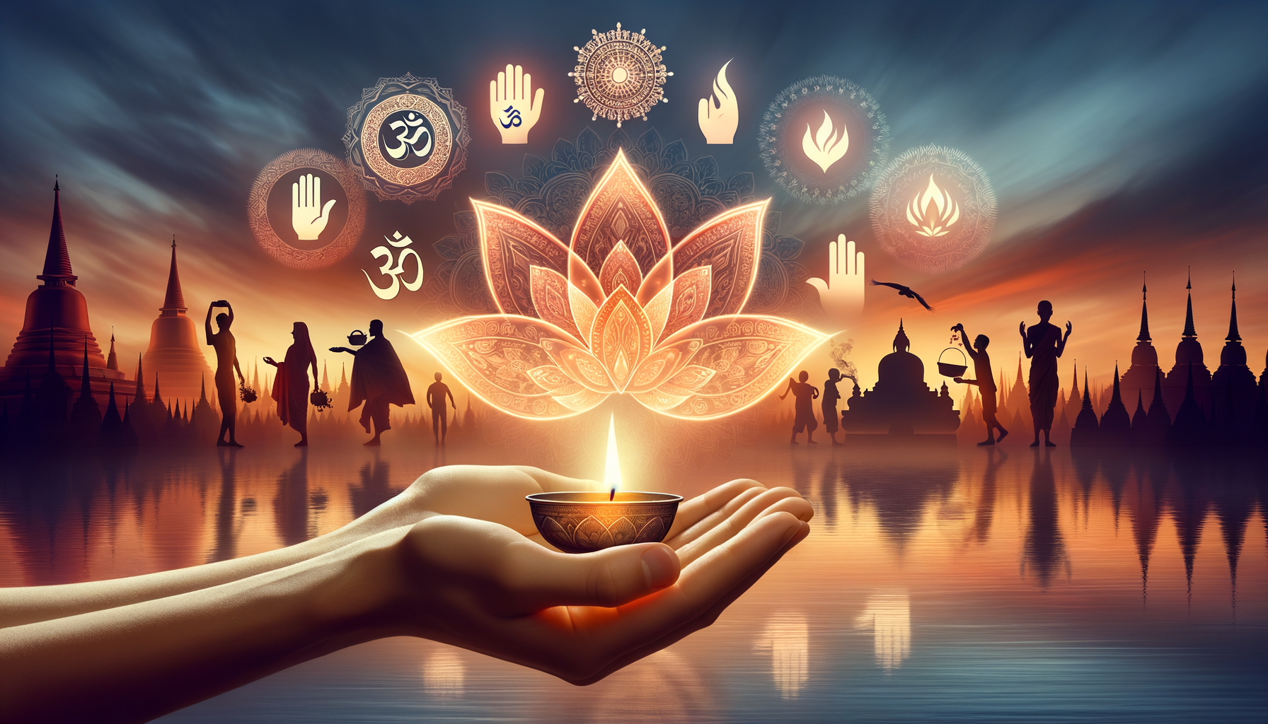 Hands cradle a lit diya above still water at sunset, beneath a radiant lotus mandala and sacred symbols; temple spires and worshippers in silhouette suggest a calm, interfaith moment of ritual, meditation, and reflection.