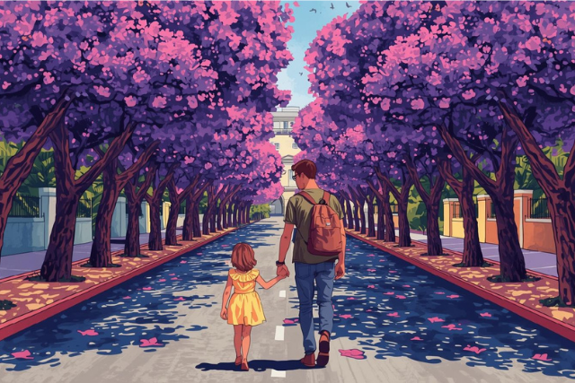 Illustration of a parent and child holding hands on a quiet avenue lined with purple-pink blossoms, petals on the road—a scene of balance, presence, boundaries, priorities, and intentional living over busyness.