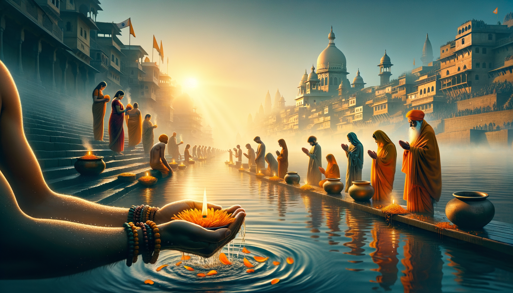 Sunrise on an Indian river ghat; devotees in saffron robes float marigold diyas on still water as incense rises and domed temples fade into mist.