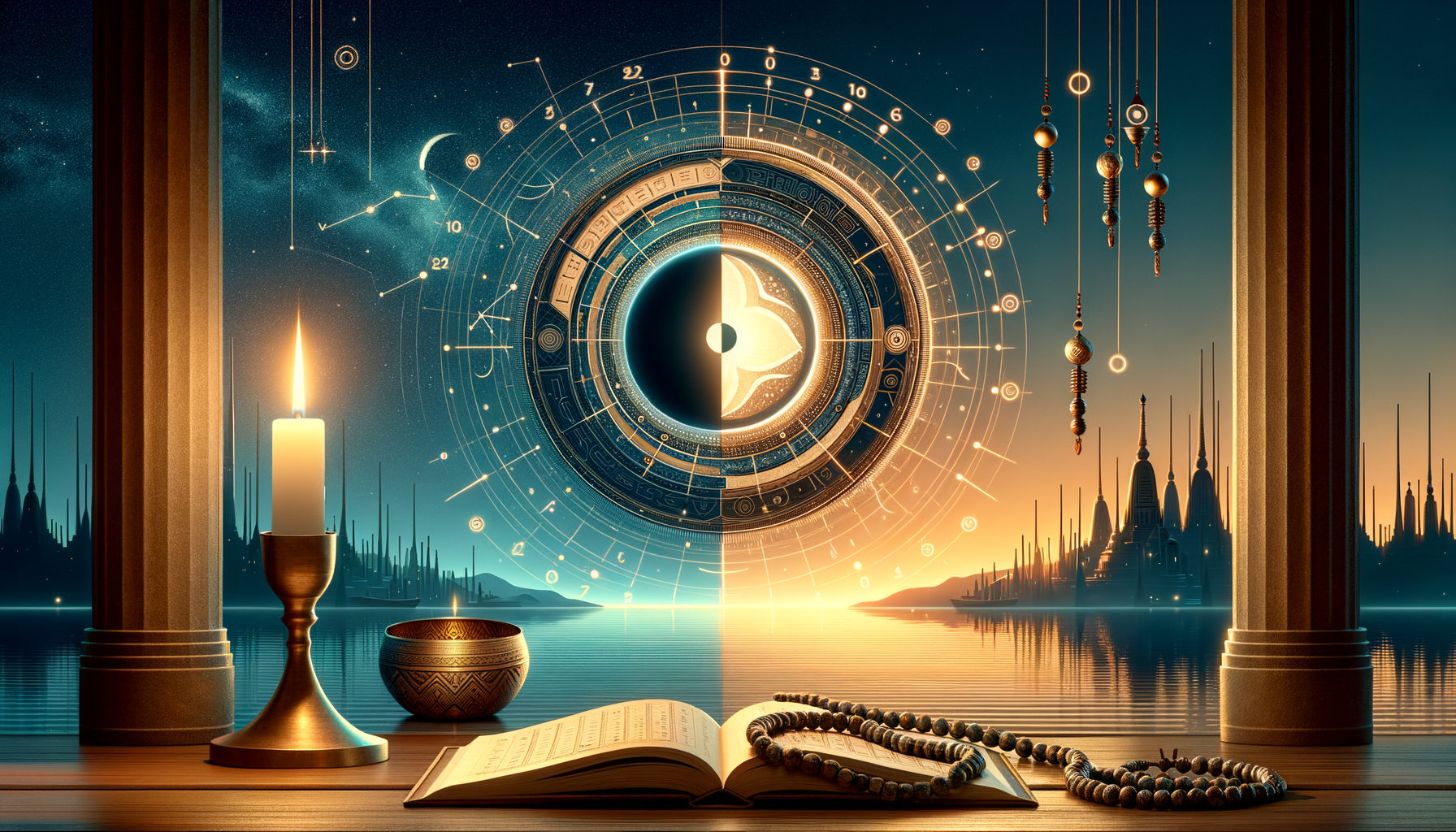 Symmetrical scene with a lit candle, open book, prayer beads, and bronze bowl before a circular astrolabe splitting night-blue and dawn-gold skies over water, evoking cosmic cycles, time, and ritual.