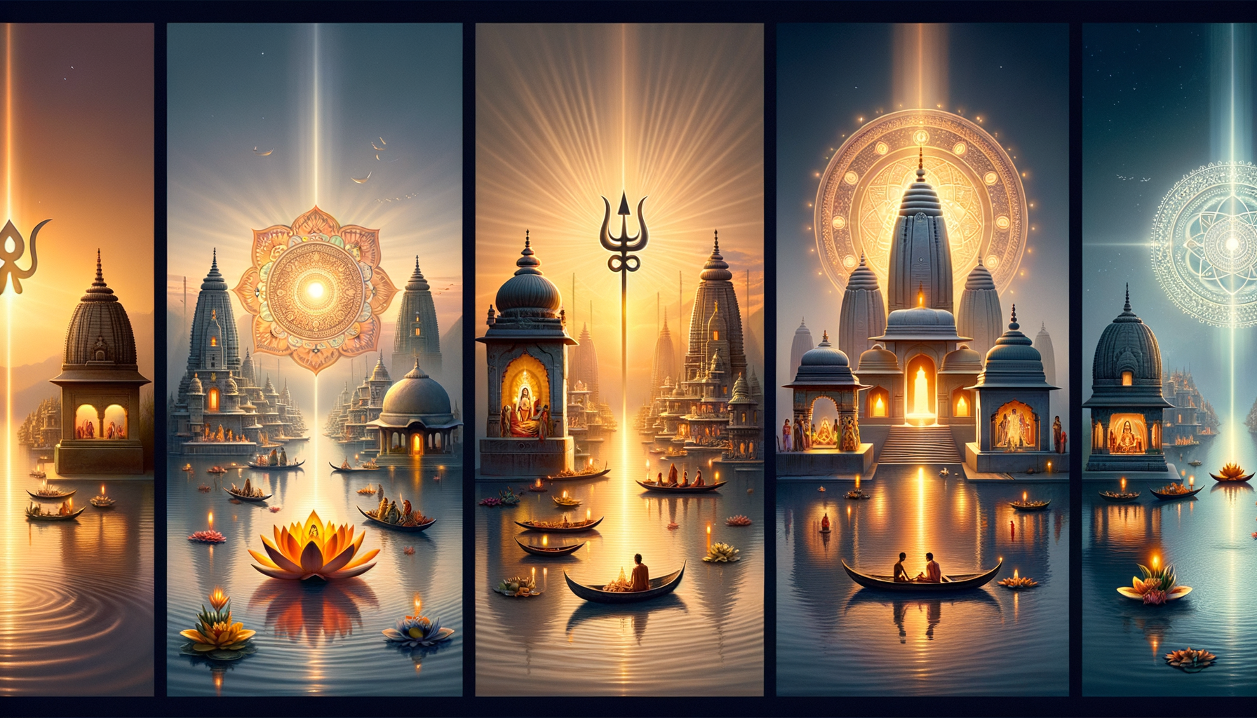 Panoramic illustration of riverside Hindu temples at dusk, with glowing mandalas, trishul symbols, diyas on lotus blooms, and small boats carrying devotees across calm water.