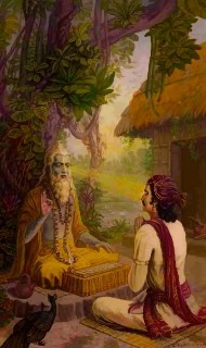 Illustration of a sage teaching a kneeling student in a forest ashram, with palm-leaf manuscripts, prayer beads, and a thatched hut, suggesting oral recitation and memorization of Sanskrit slokas.
