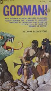 Pulp paperback cover titled ‘GODMAN!’ shows a warrior with sword and shield protecting a woman as a green serpent lunges—an image evoking Hinduphobia, hindu godmans tropes and colonial racism.