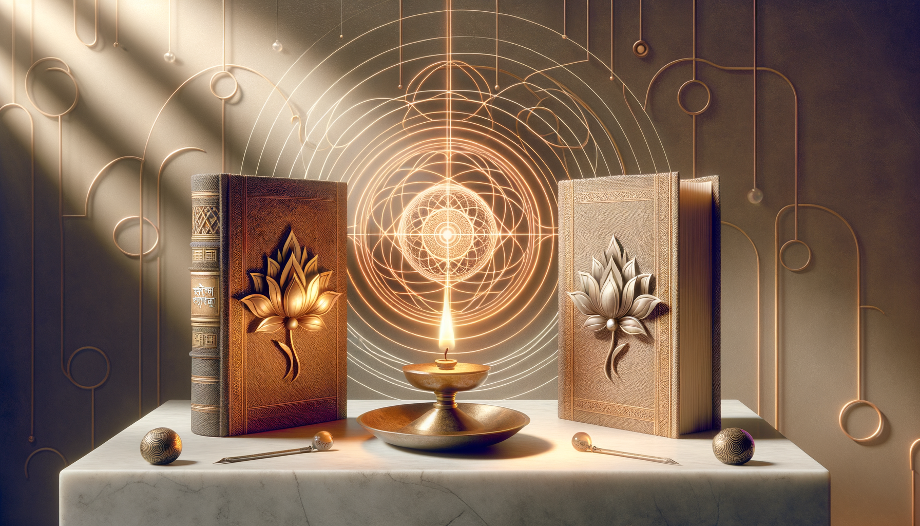 Two ornate books with lotus emblems flank a glowing brass oil lamp on a marble altar, with golden sacred-geometry rings and Art Deco lines behind—evoking spirituality, meditation, and Vedic wisdom.