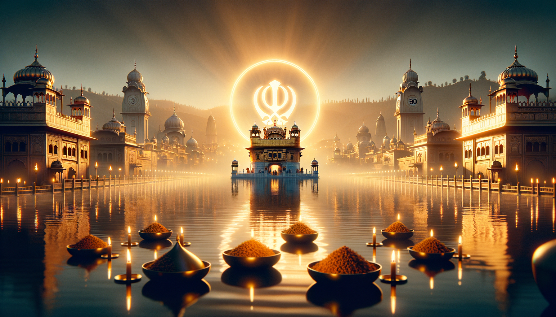 Golden Sikh gurdwara on a tranquil lake at dusk, flanked by ornate domes and towers, Khanda symbol radiant above, with floating lamps and offerings reflecting on the water; {post.categories}
