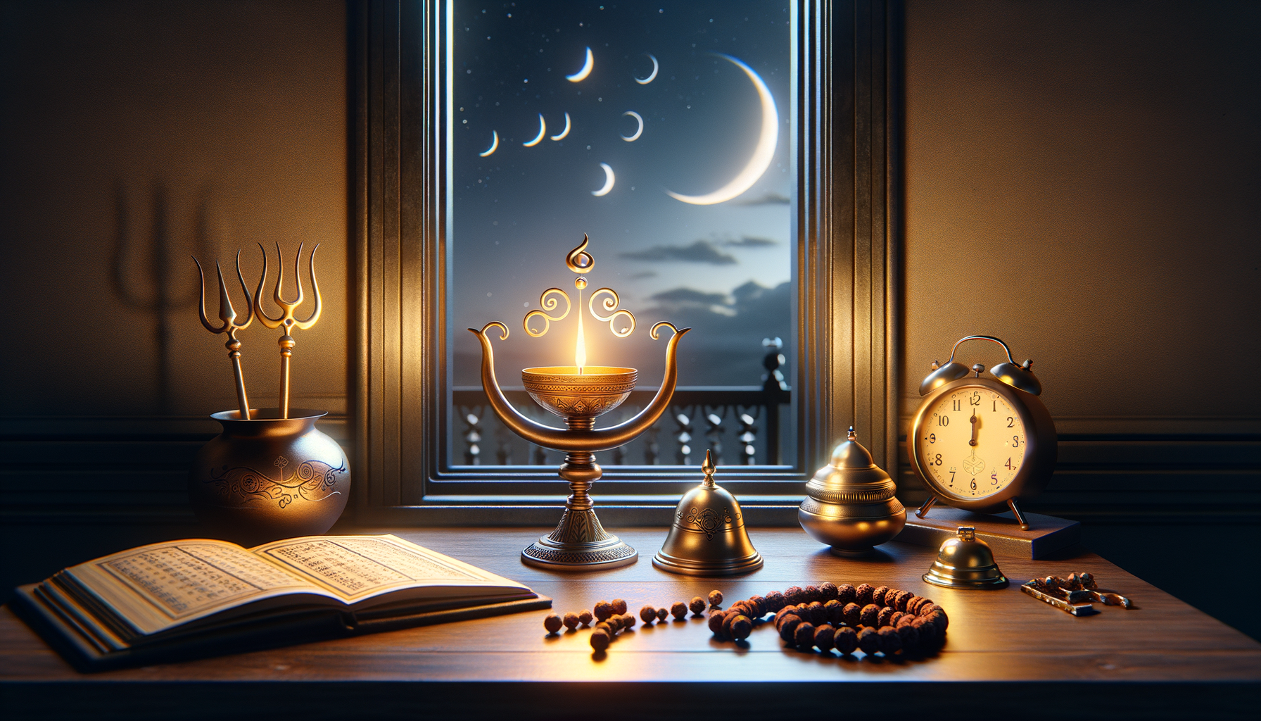 Golden oil lamp glowing on a wooden altar beside an open scripture, bronze bells, a trident, rudraksha prayer beads, and an alarm clock, with crescent moon phases visible through a night window.
