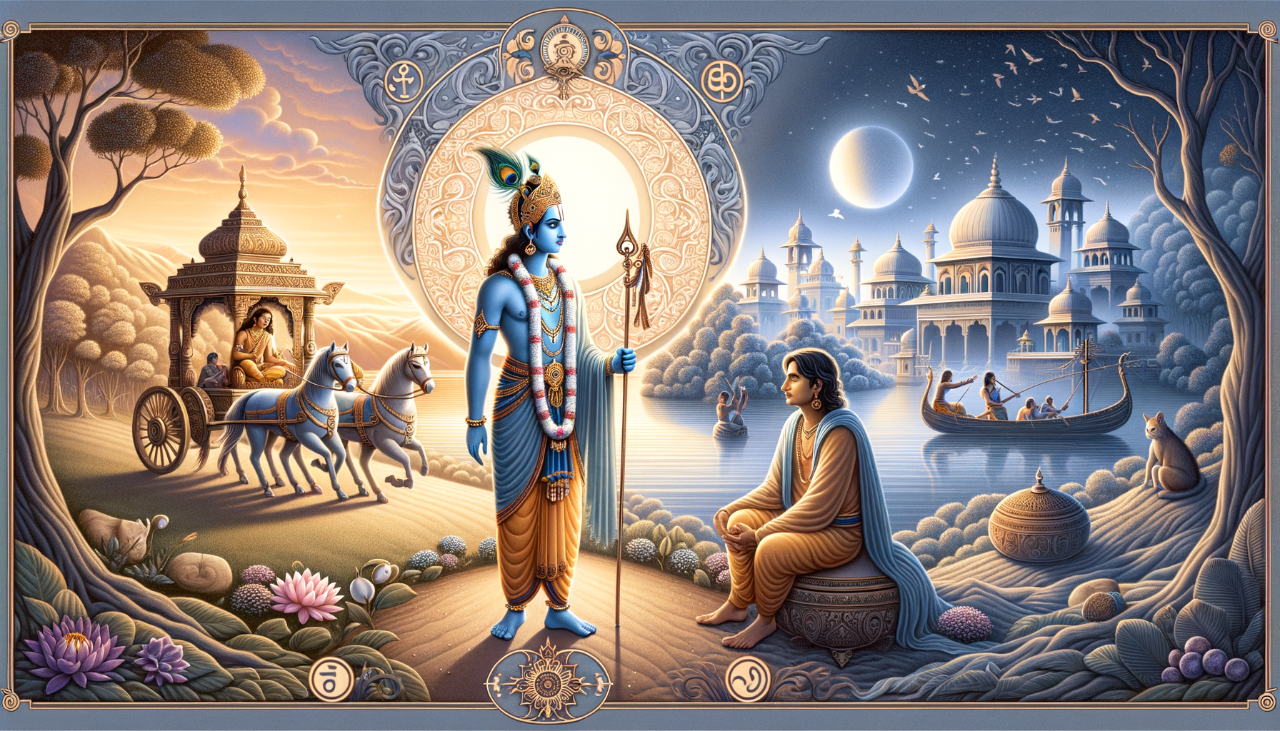 Mythic scene of Lord Krishna guiding Arjuna by a river at dusk—chariot, lotus blooms, moonlit domed temples—evoking the Bhagavad Gita, dharma, karma, and yoga.