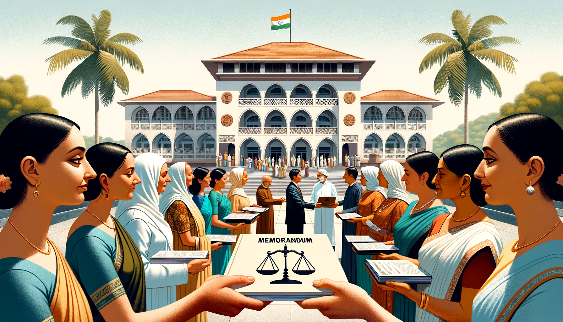 Illustration of Indian women lined up outside a grand government building, submitting a memorandum with scales of justice, symbolizing civic action and legal reform; {post.categories}.