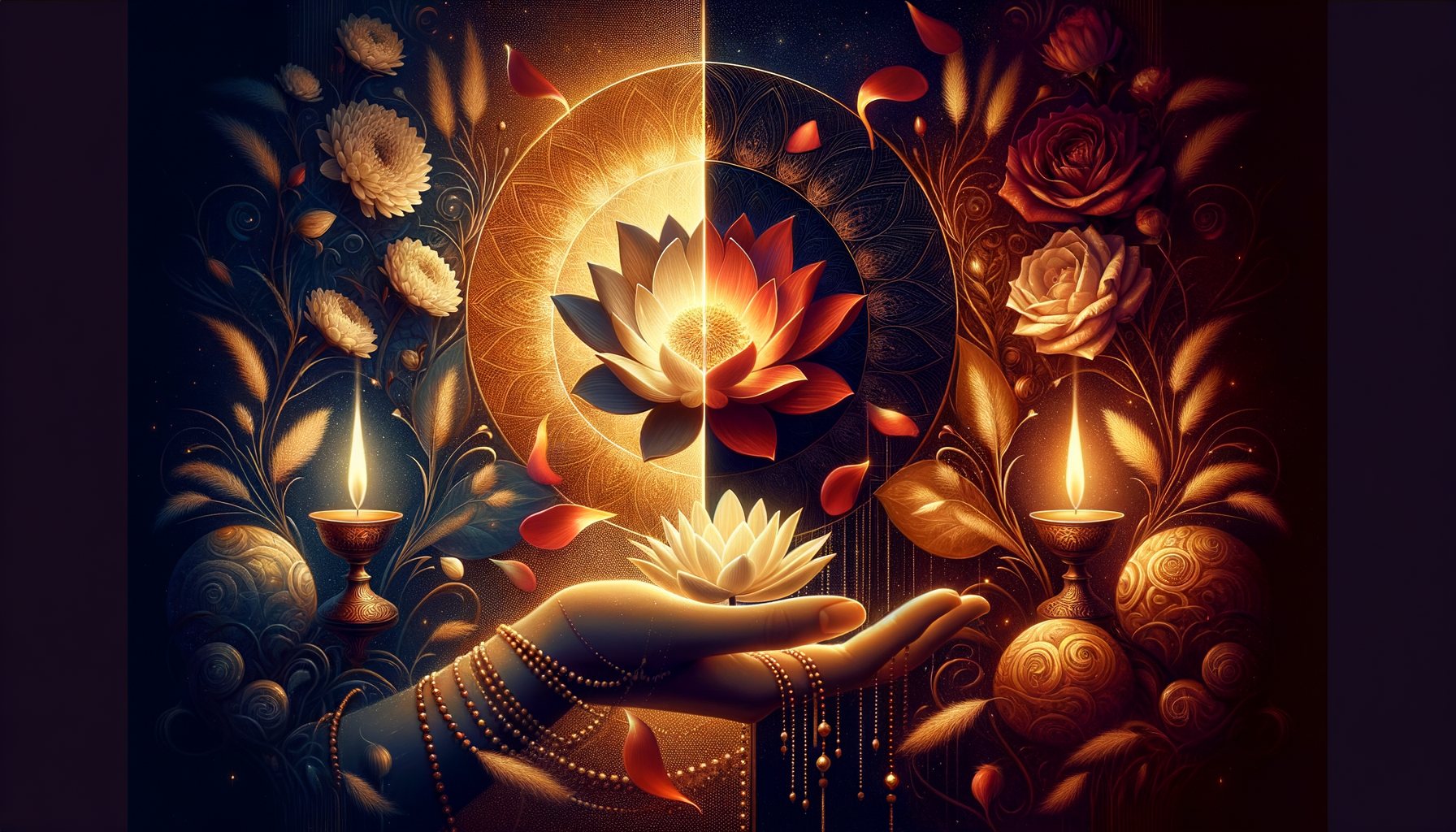 Illustrated spiritual scene with a glowing central lotus, split between light and shadow, drifting petals, ornate florals, two oil lamps, and a beaded hand offering a white lotus for balance and calm.