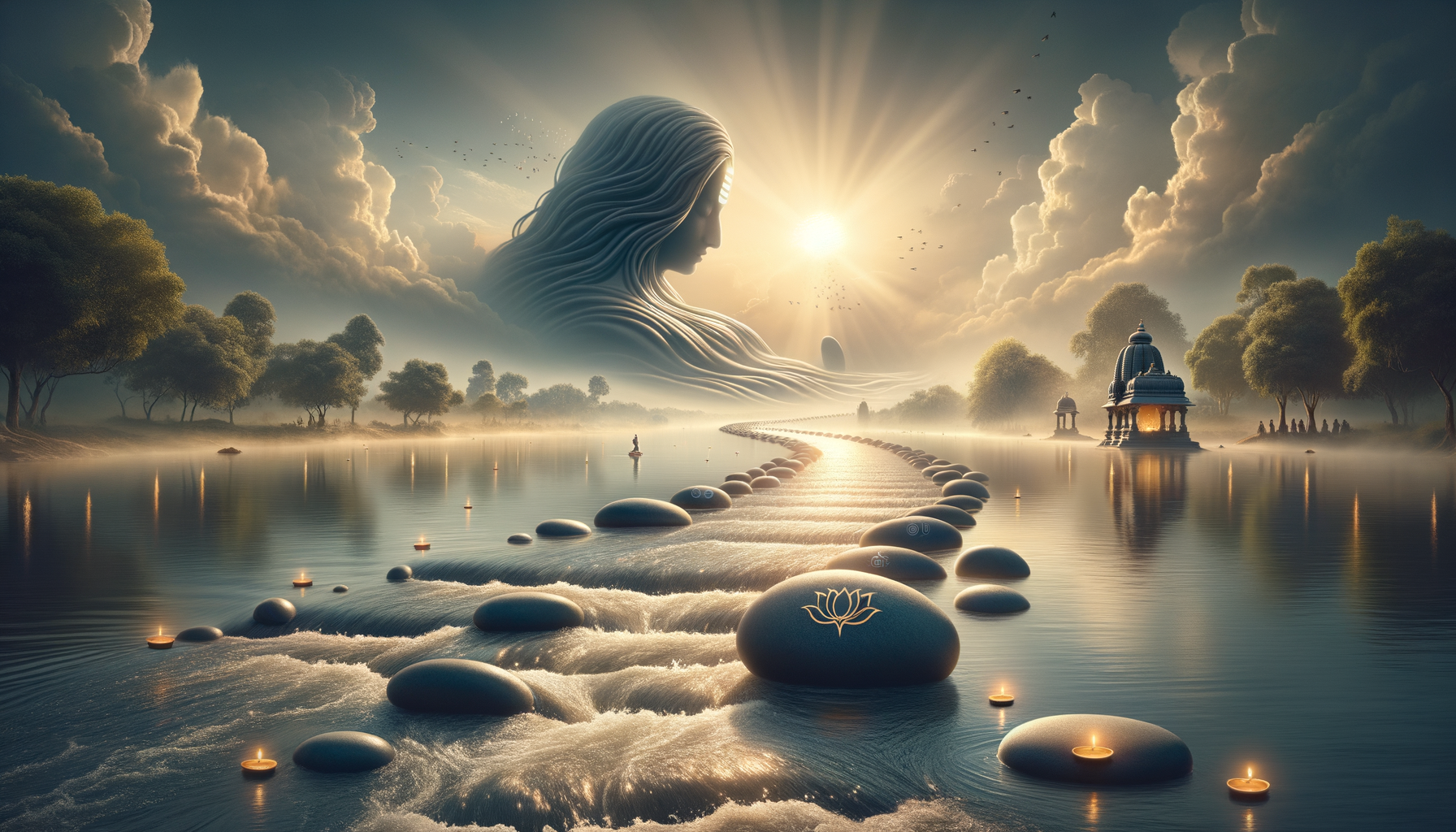 Misty sunrise over a sacred river with floating diyas, a curving path of smooth, lotus-marked stones, a glowing riverside temple, and a vast ethereal feminine face formed in the clouds.