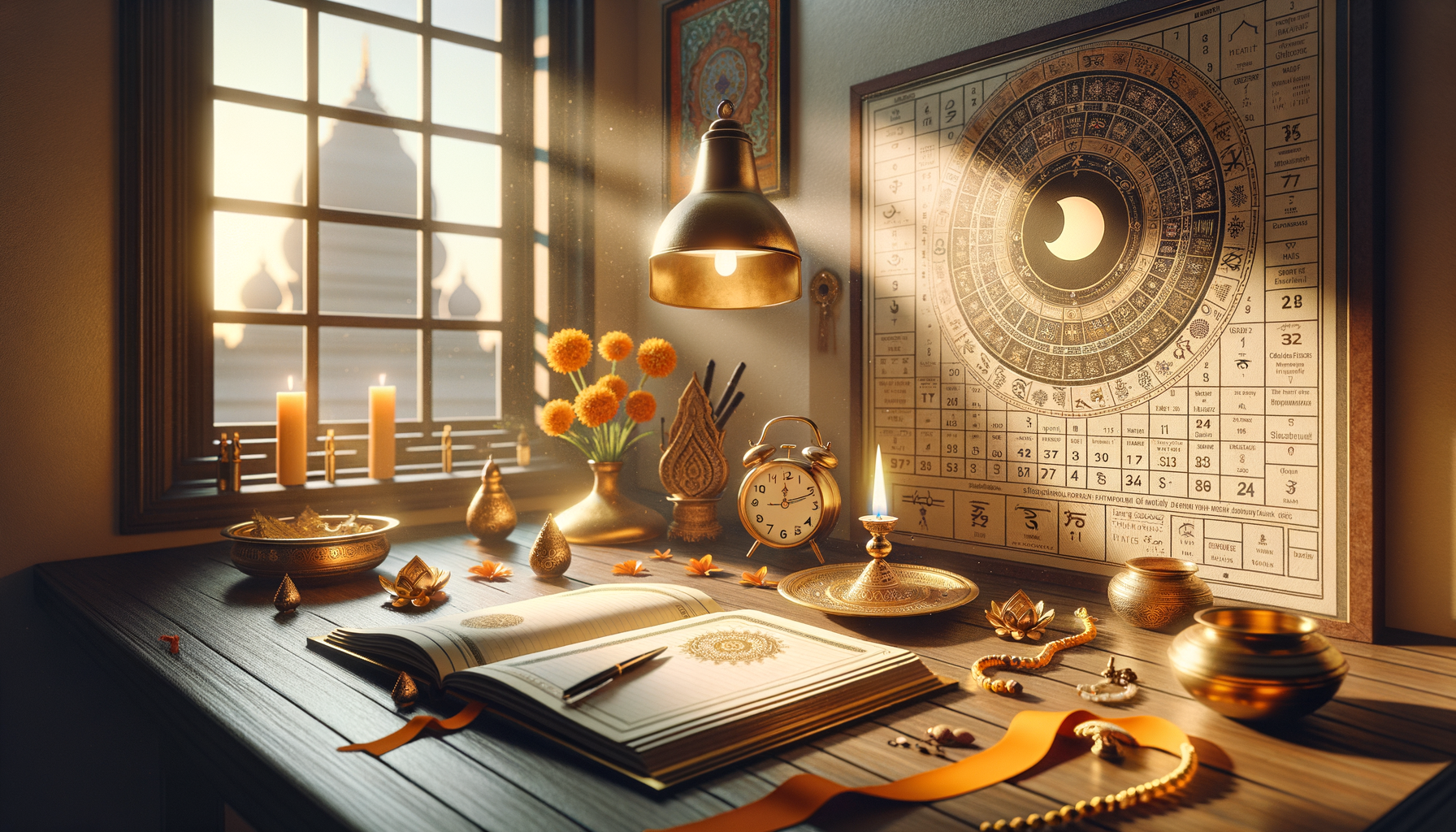Sunlit desk with an astrology wheel on the wall, open journal, gold clock, candles, and marigolds by a window framing distant temple domes; warm tones suggest lunar calendar rituals and mindful study.