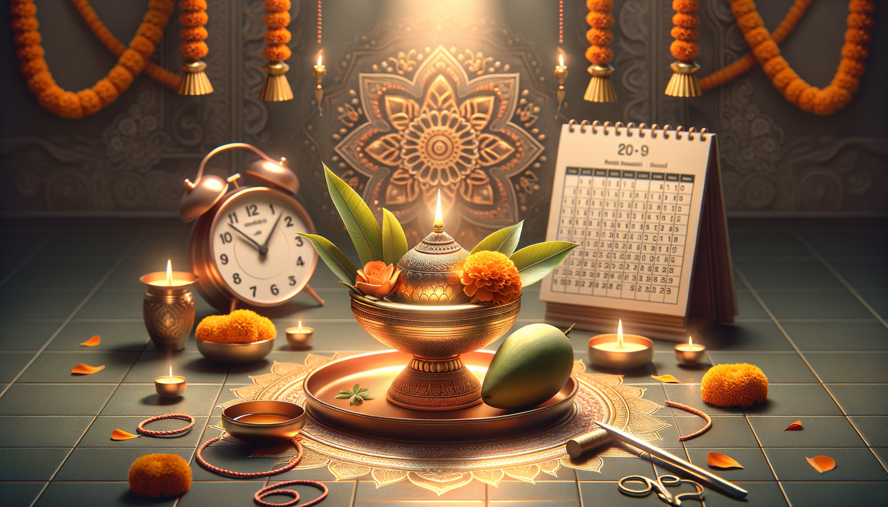 Festive Hindu puja setup: a lit kalash on a bronze tray with leaves, marigolds, mango and thread, ringed by diyas, an alarm clock, and a Panchang calendar for muhurat, before garlands and a rangoli.