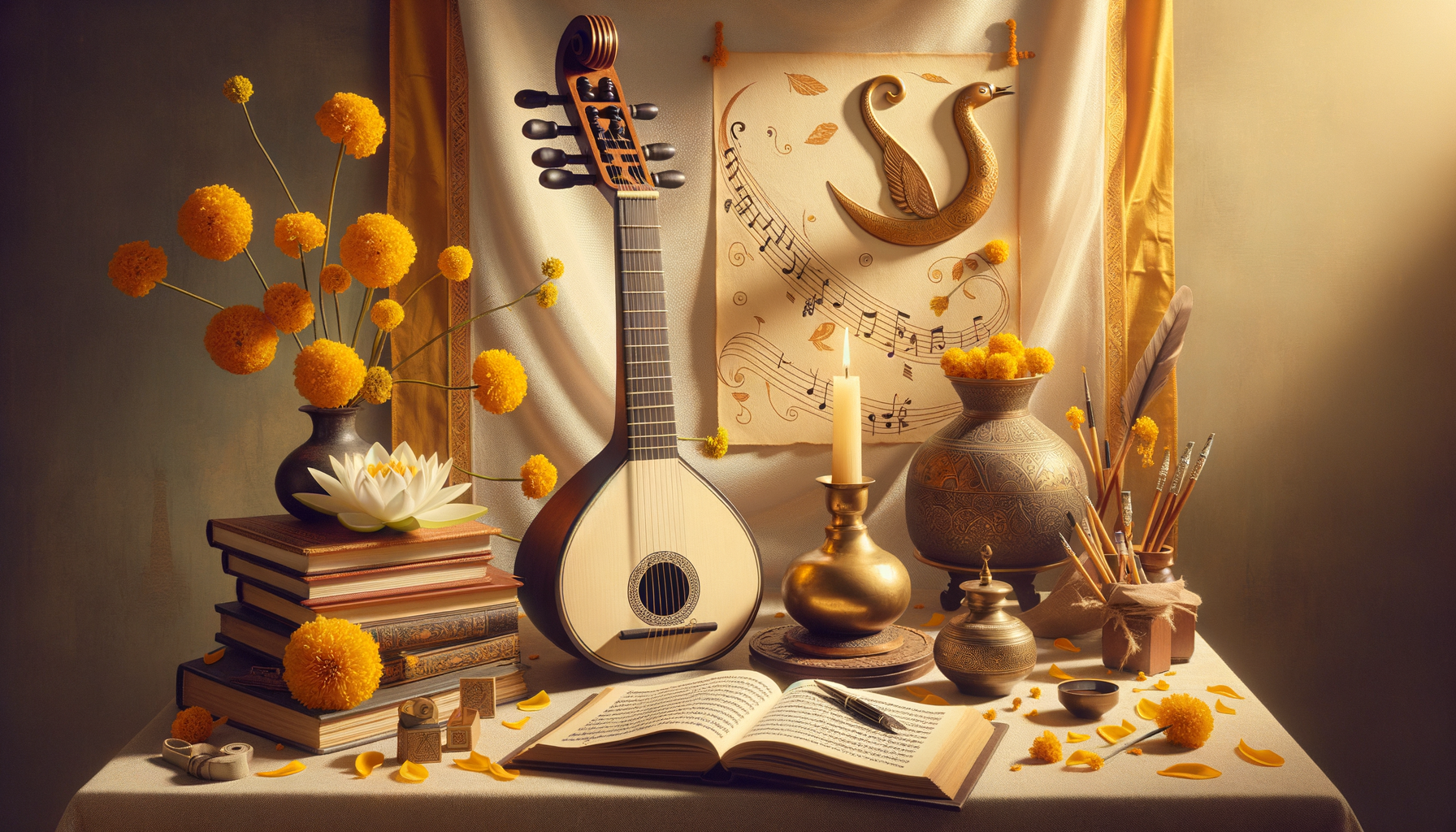 Warm still life with a lute, open music score, candle, marigolds, lotus, brass vessels, brushes, and a peacock motif on parchment, forming a serene tableau of art, music, literature, and culture.