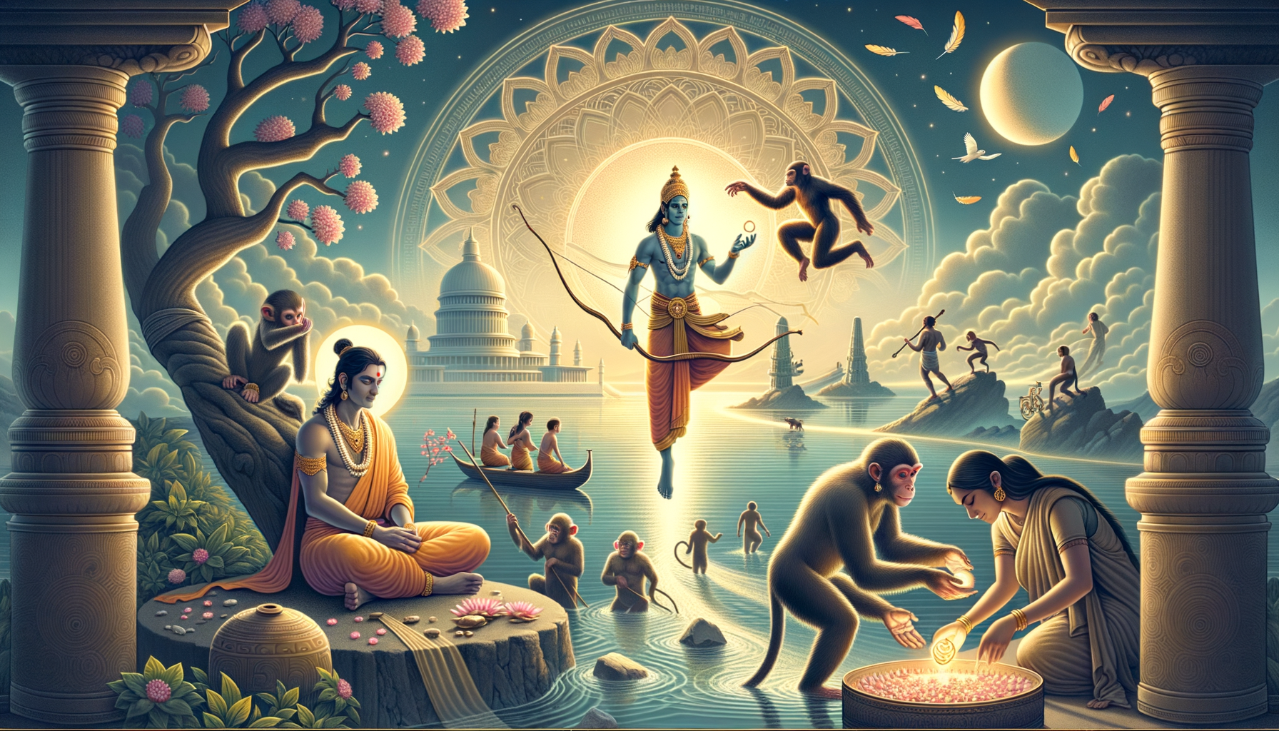 Digital artwork of the Ramayana: a blue-skinned archer before a radiant mandala as monkeys build a stone bridge across water; a robed woman sits beneath blossoms, with temples and moonlit sky beyond.