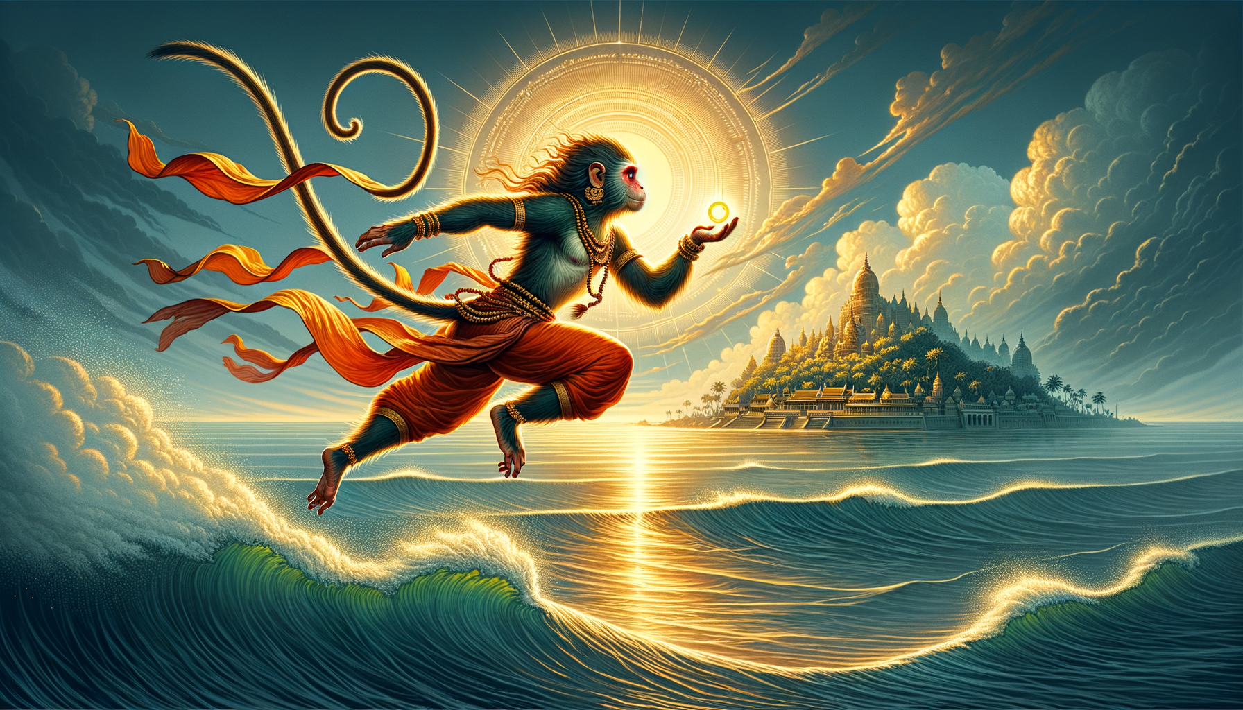 Vibrant illustration of Hanuman leaping over a sunlit sea, tail and scarves streaming, holding a glowing orb as he races toward a lush island crowned with golden temple spires.