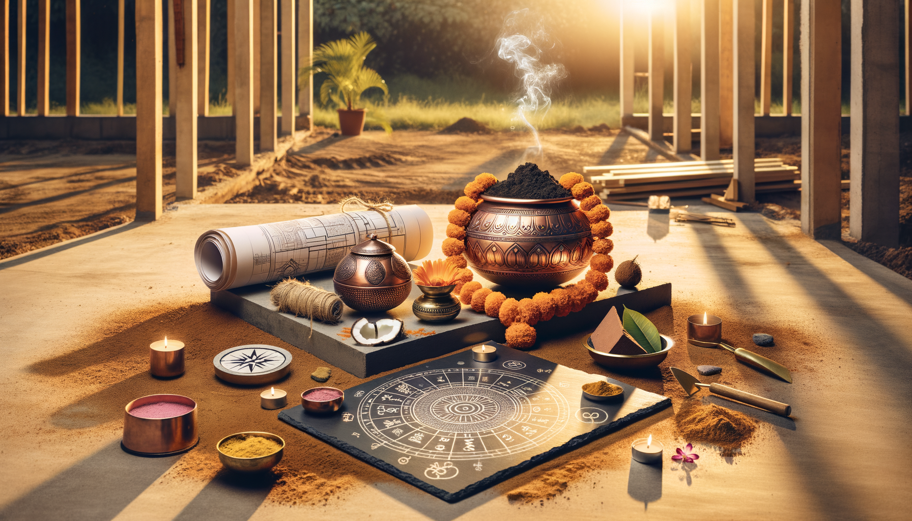 Sunlit construction site with a copper kalash garlanded with marigolds and incense, a Vastu Shastra chart, rolled blueprints, diyas, coconut, leaves, and tools arranged for Bhoomi Pooja before house construction.