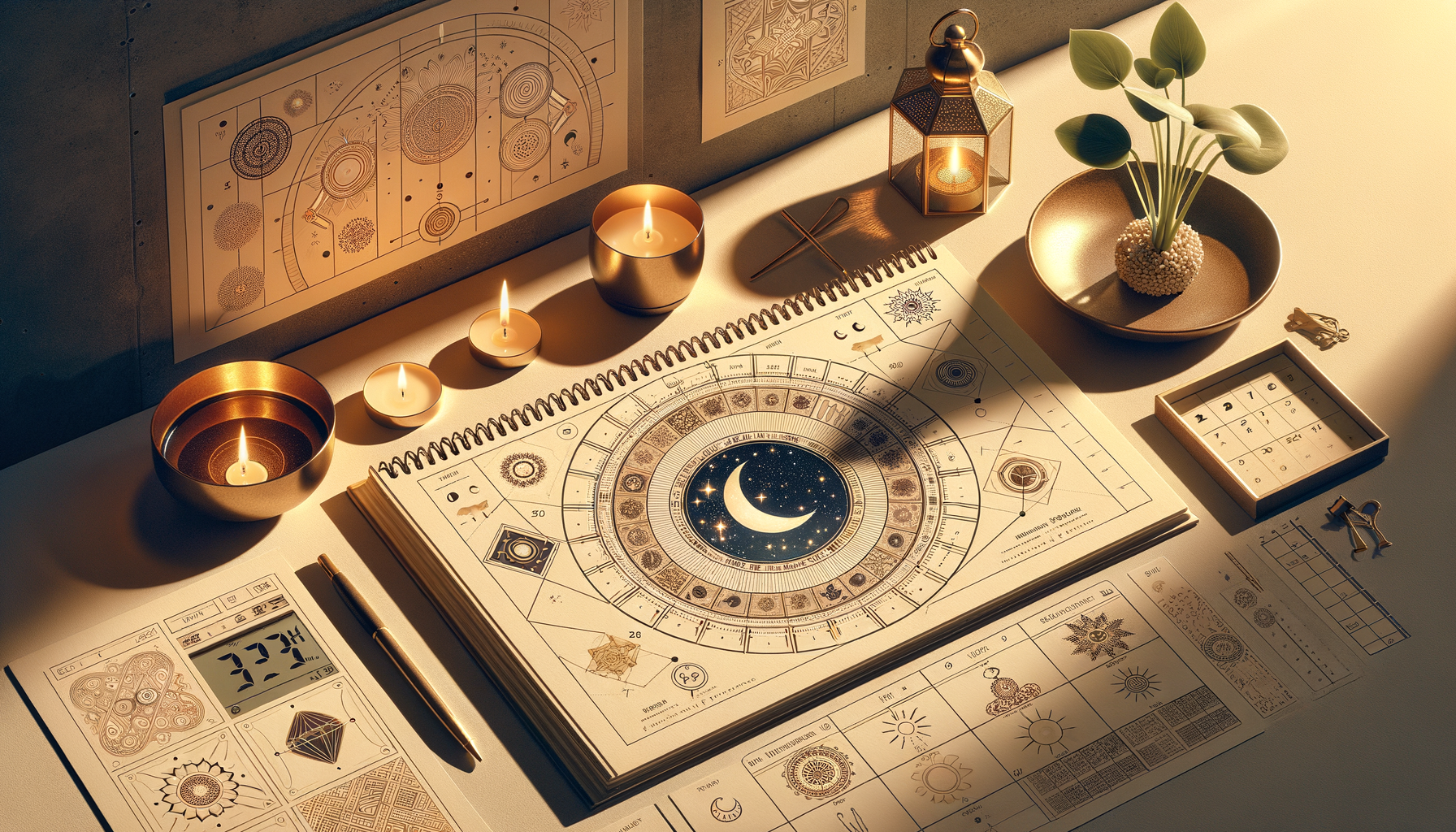 Spiral-bound lunar and zodiac calendar on a sunlit desk with lit candles, brass bowl, lantern, pen, and a small plant; intricate star charts and symbols suggest moon-phase tracking and horoscope planning.