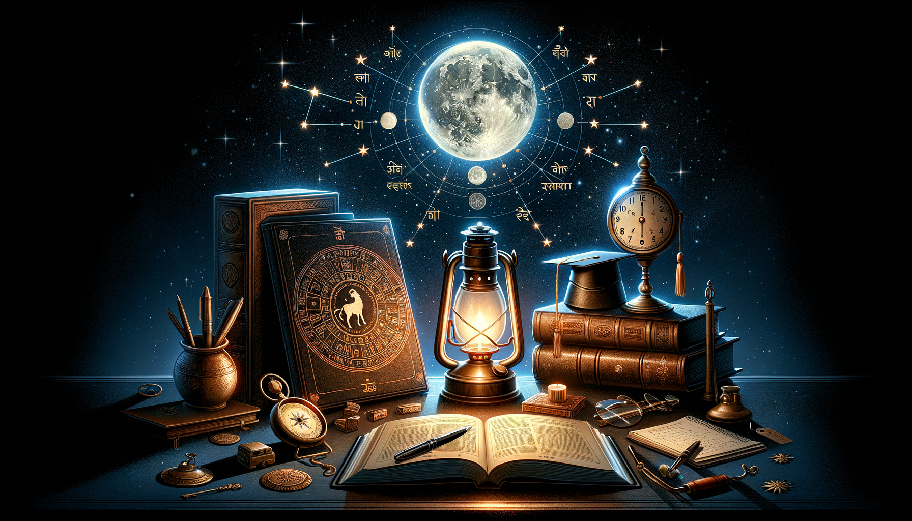 Open book, oil lantern, and vintage clock on a desk with leather-bound books and a zodiac chart; above, a glowing full moon ringed by constellations and Devanagari labels, suggesting astrology and lunar phases.