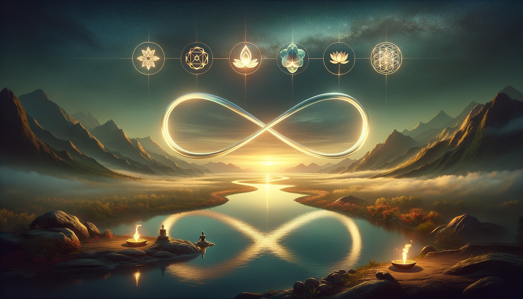 Dreamlike mountain valley at sunrise with a reflective river forming an infinity shape, a luminous infinity in the sky, sacred geometry icons above, and two meditating figures beside small ceremonial fires.