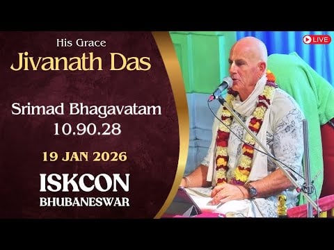 Lecture thumbnail with a garlanded speaker at a microphone. Text reads: His Grace Jivanath Das, Srimad Bhagavatam 10.90.28, 19 Jan 2026, ISKCON Bhubaneswar. testing
