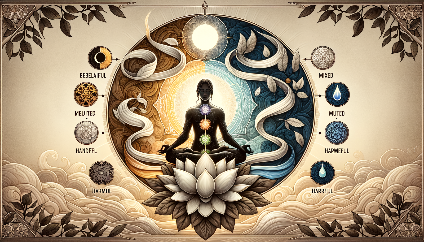Stylized illustration of a person meditating on a lotus, chakras glowing along the spine, framed by a sun-moon circle with swirling ribbons and leaves, a visual guide to balance and energy alignment.