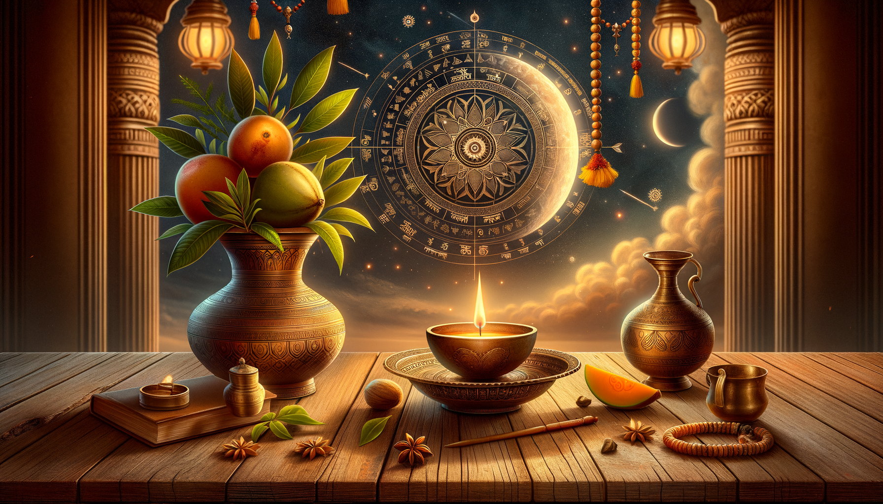 Lit brass diya on a carved tray beside mangoes, leaves, spices, and copper vessels on a wooden table, framed by pillars, with a celestial Vedic astrology wheel and crescent moon behind.