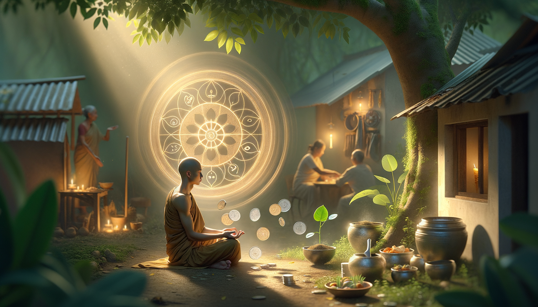 A monk meditates under a banyan tree as a glowing mandala and floating coins light a candlelit village. Bowls, herbs, and a small sapling sit nearby, evoking mindful wealth, personal finance, and sustainable growth.
