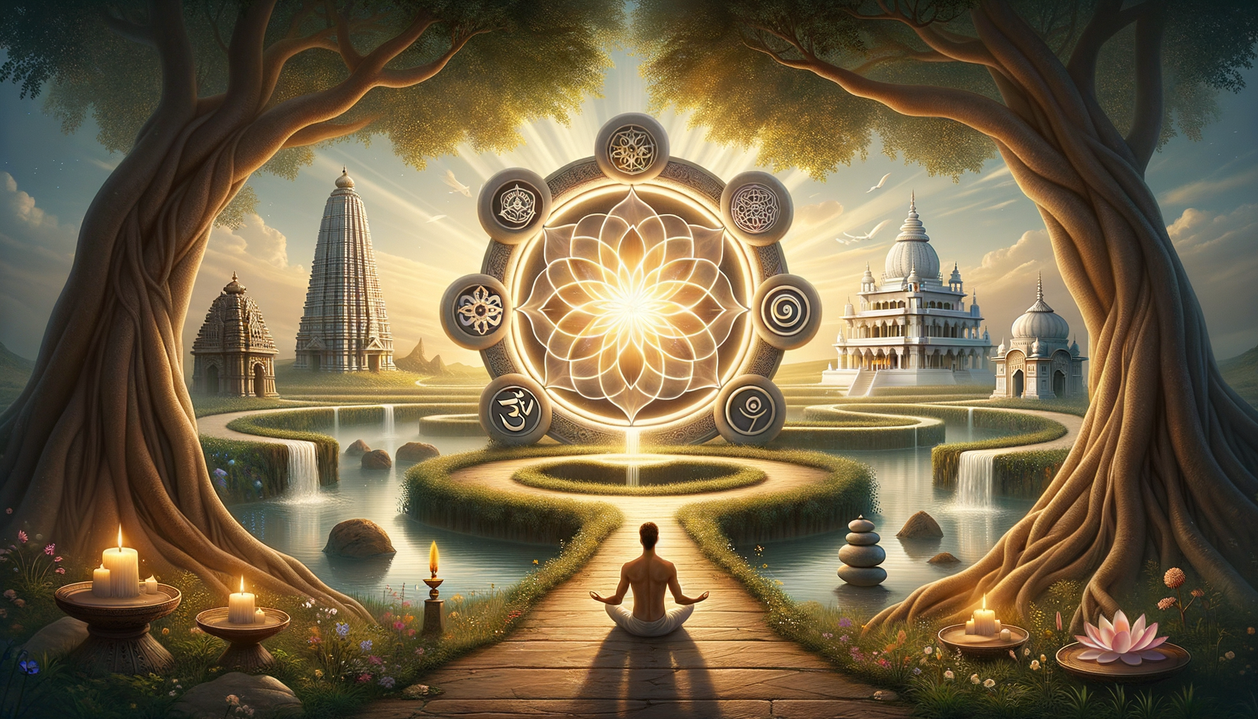 Serene scene of a lone meditator facing a radiant mandala ringed with seven sacred symbols, framed by ancient temples, flowing water, candles, lotus blooms, and arching trees at golden sunrise.