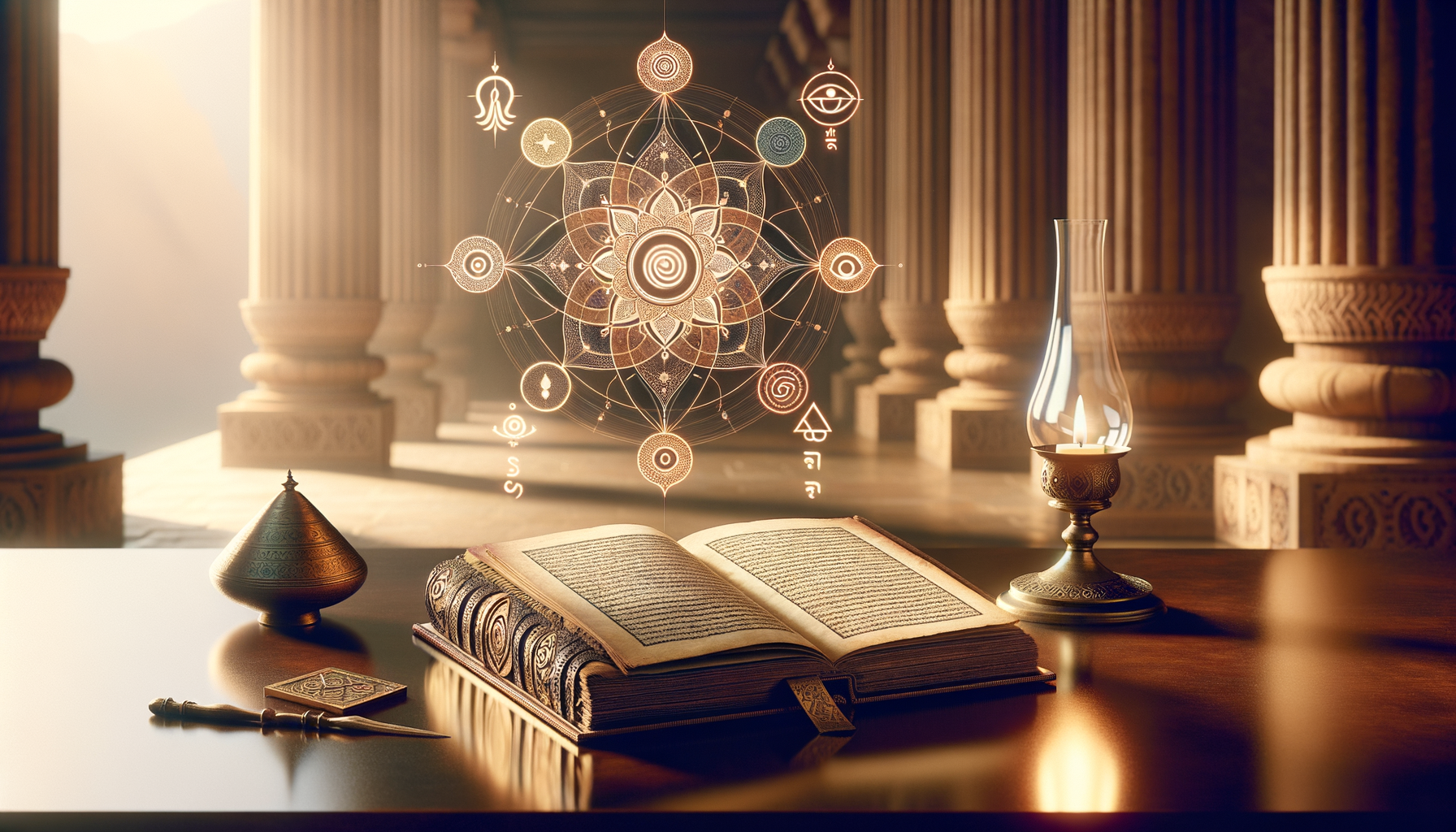 An open, ornate manuscript rests on a polished desk beside a brass oil lamp, while a glowing mandala of glyphs hovers above, set amid carved stone columns; themes of {post.categories}.