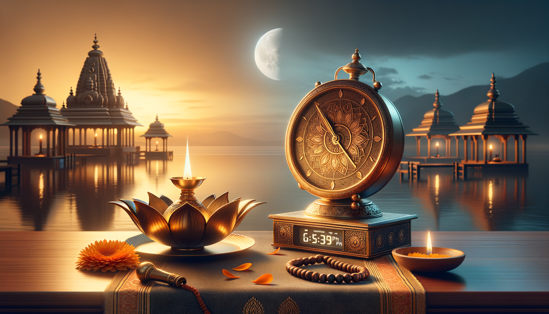 Brass clock and lotus diya with prayer beads and petals on a table, facing waterside Hindu temples; the scene blends sunset and night, evoking muhurat, puja rituals, and auspicious timing.