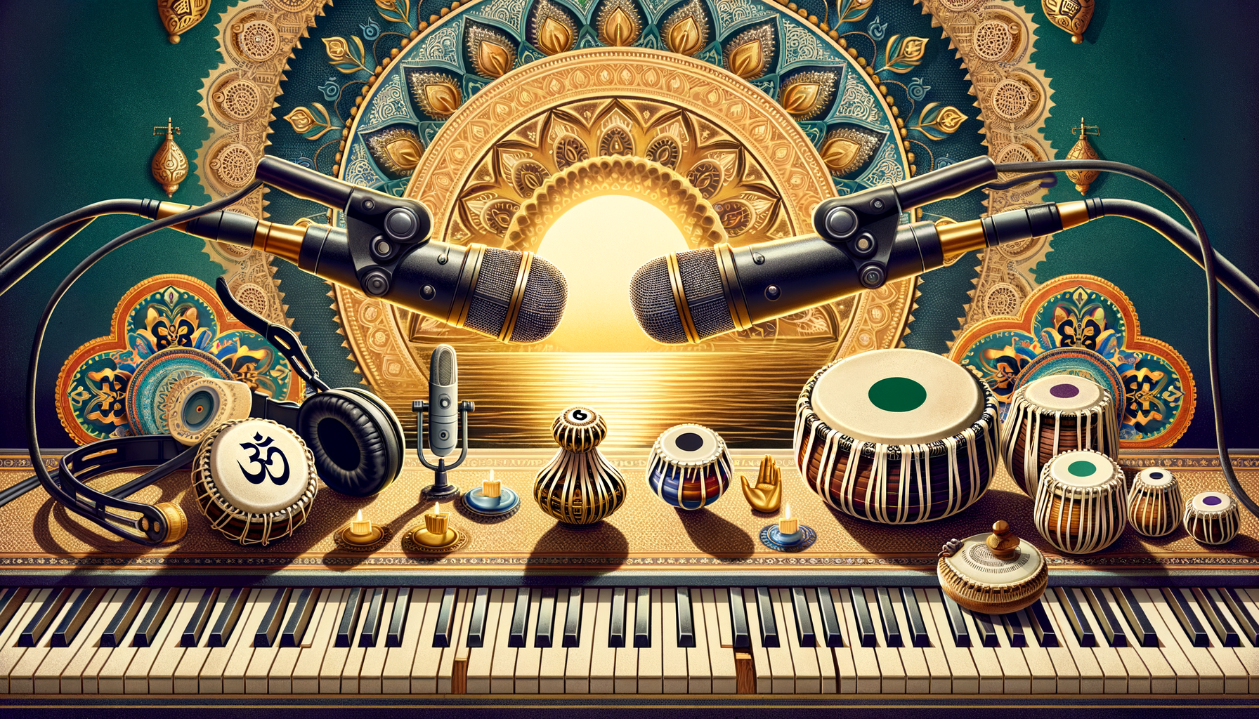 Ornate studio scene with two microphones above a harmonium keyboard, flanked by tablas, ghatam, manjira, and headphones, set before golden mandala motifs—an Indian classical music recording setup.