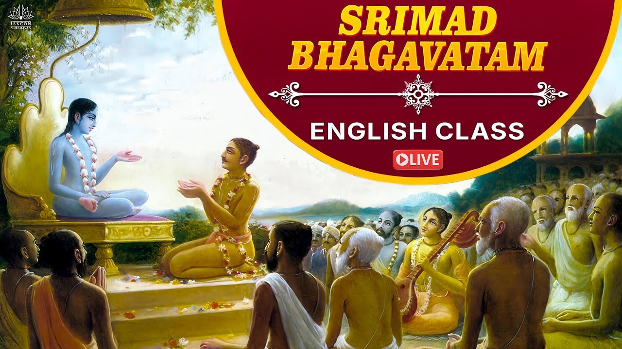 Banner with devotional painting of sages listening to a blue-hued teacher, alongside text: Srimad Bhagavatam English Class - Live. ISKCON Vrindavan branding highlights an SB 10.88.17-26 lecture announcement.