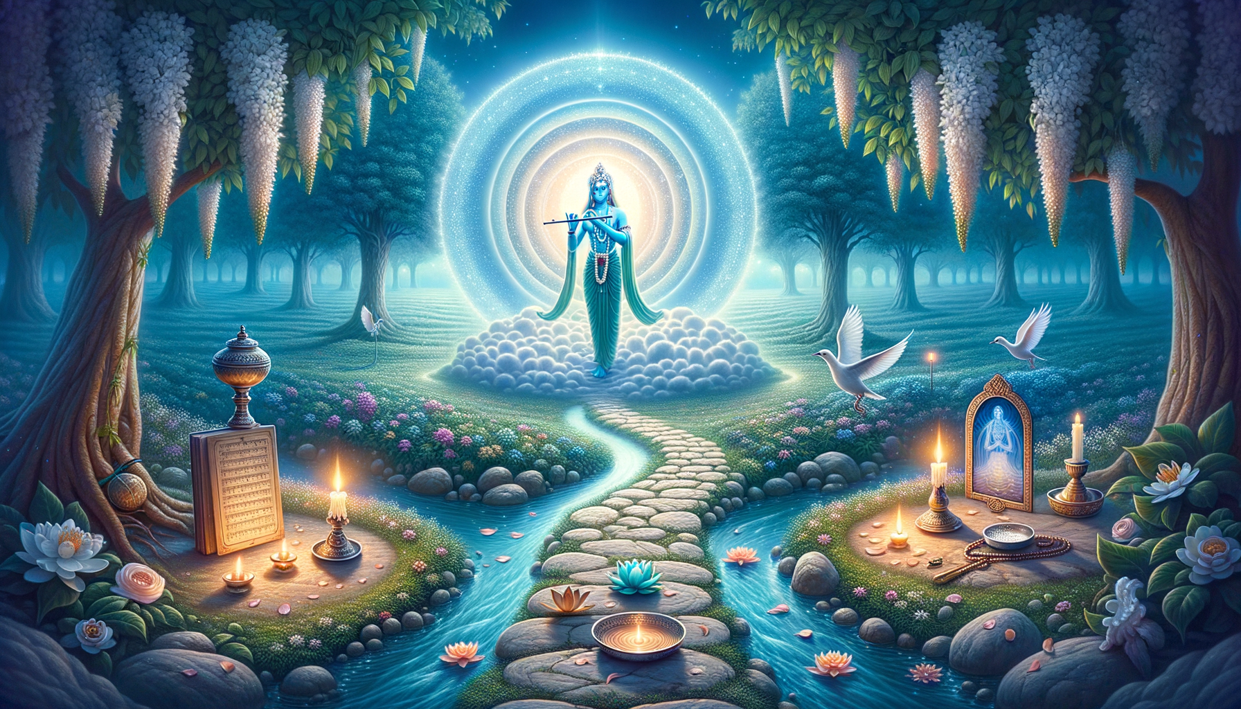Moonlit grove with radiant halos around a blue‑skinned flute‑playing deity; a stone path crosses a stream lined with lotuses, candles, and doves, evoking spirituality, meditation, Hinduism, and bhakti.