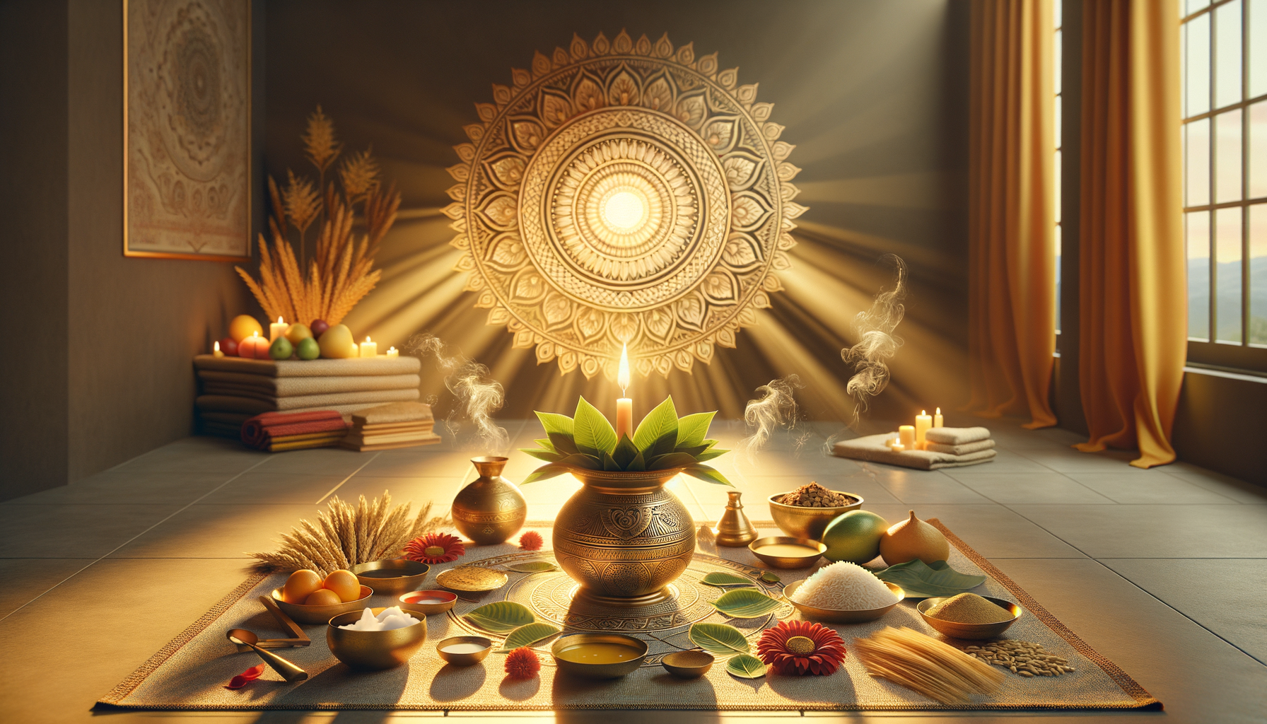 Sunlit home altar with a brass kalash and candle framed by green leaves, surrounded by bowls of rice, ghee, fruits, flowers, and incense on a mat, before a glowing mandala wall and golden drapes.