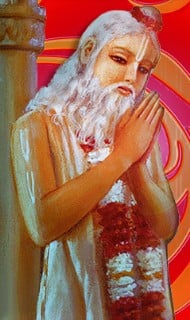 Devotional painting of an elderly sage with white beard, tilaka, folded hands, and a flower garland beside a pillar, set against red-orange swirls; header image for an article on Advaita Acarya's Roaring Call.