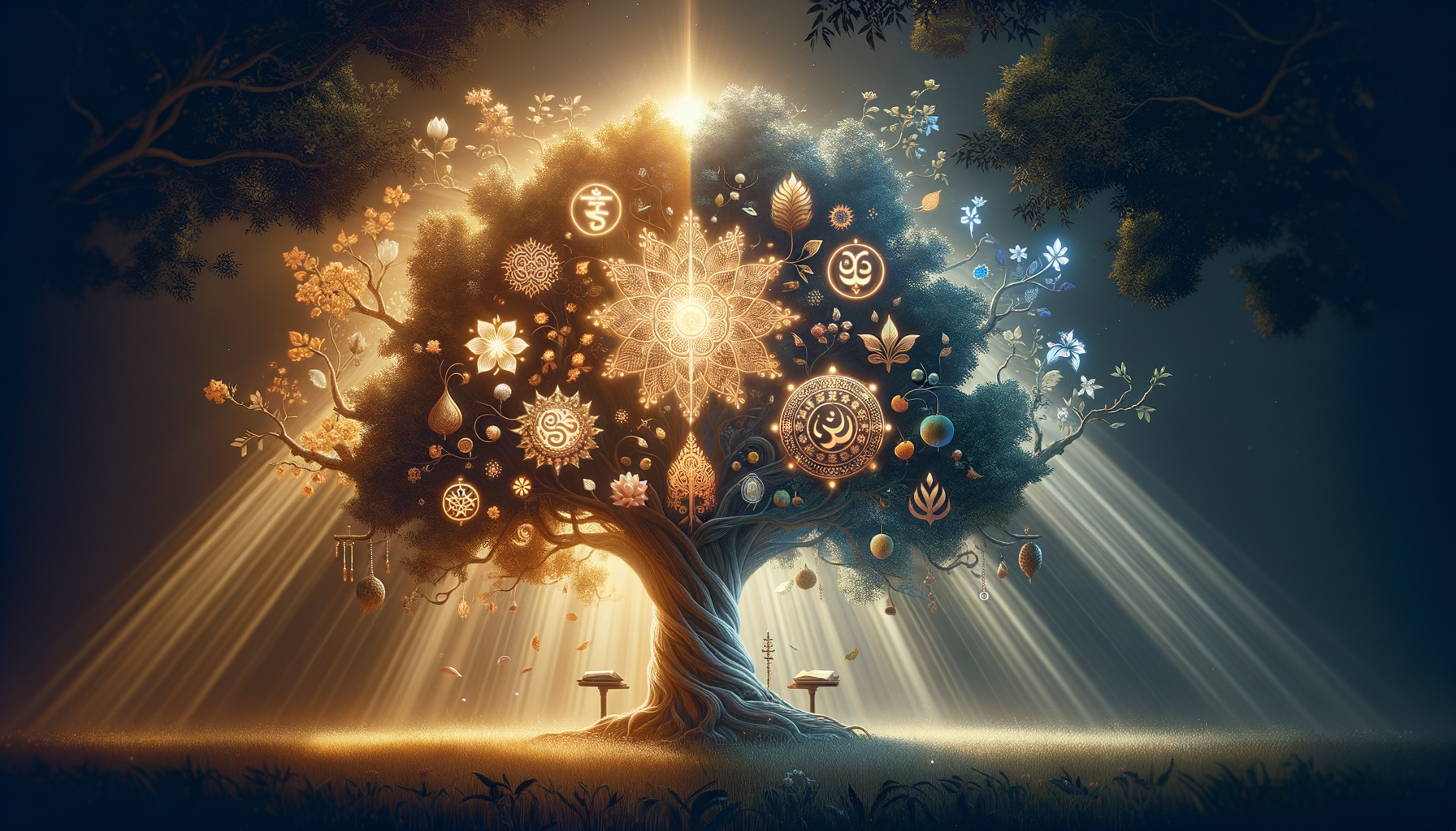 Digital illustration of a tree of life split into warm daylight and cool moonlight, canopy dotted with glowing mandalas and symbols; open books at the roots in a misty meadow, illustrating {post.categories}.