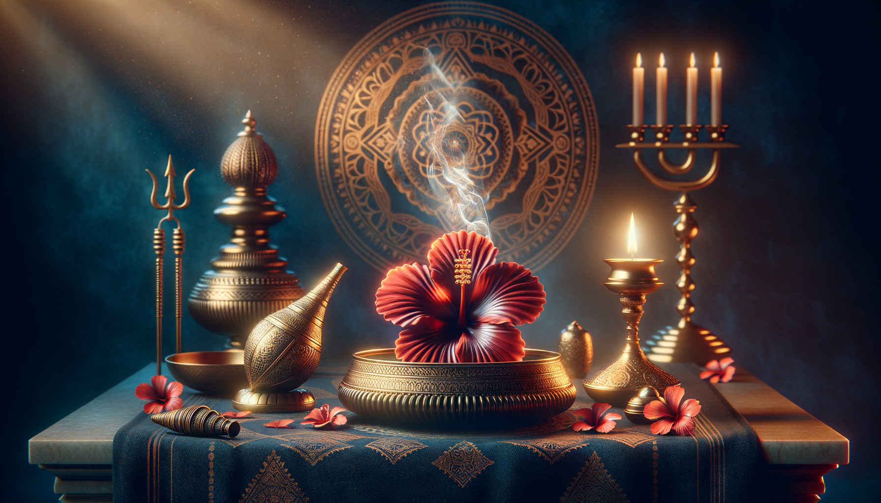 Golden puja altar with lit diya, candelabrum, conch, and trident; a red hibiscus emits incense smoke before a mandala backdrop, atop a patterned cloth scattered with petals.
