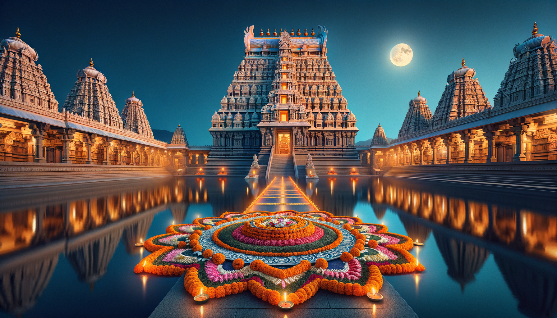 Moonlit Hindu temple complex with illuminated gopuram, mirrored water channels, carved stone corridors, and a large marigold flower rangoli bordered by diyas leading toward the sanctum | {post.categories}