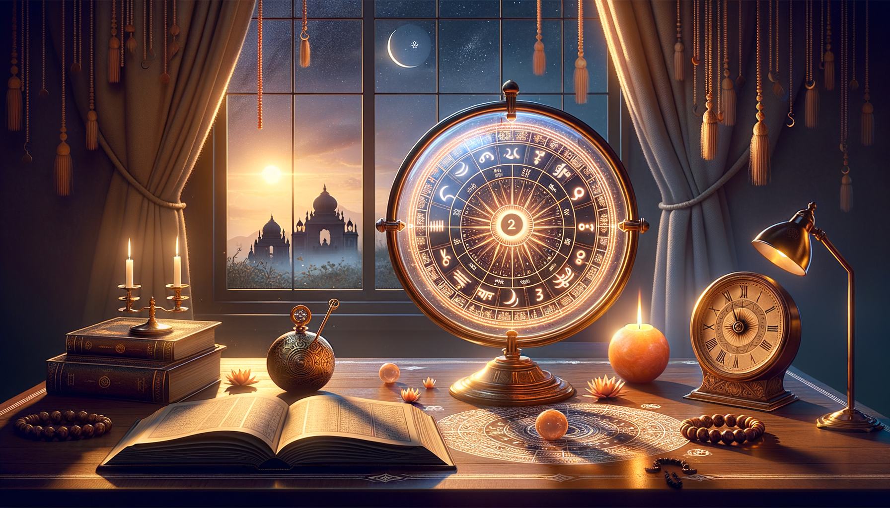 Warm-lit desk with glowing zodiac wheel, open ancient book, candles, clock, and prayer beads by a window showing a crescent moon and sunrise over temples; evokes Vedic astrology and zodiac study.