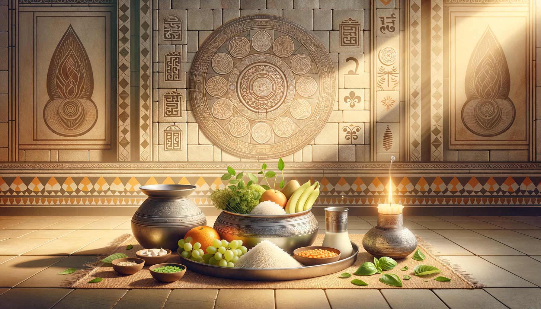 Traditional Indian puja offering with rice, lentils, fruits, milk, and herbs on a metal thali beside a lit candle, set before a carved temple wall and mandala, bathed in warm morning light.