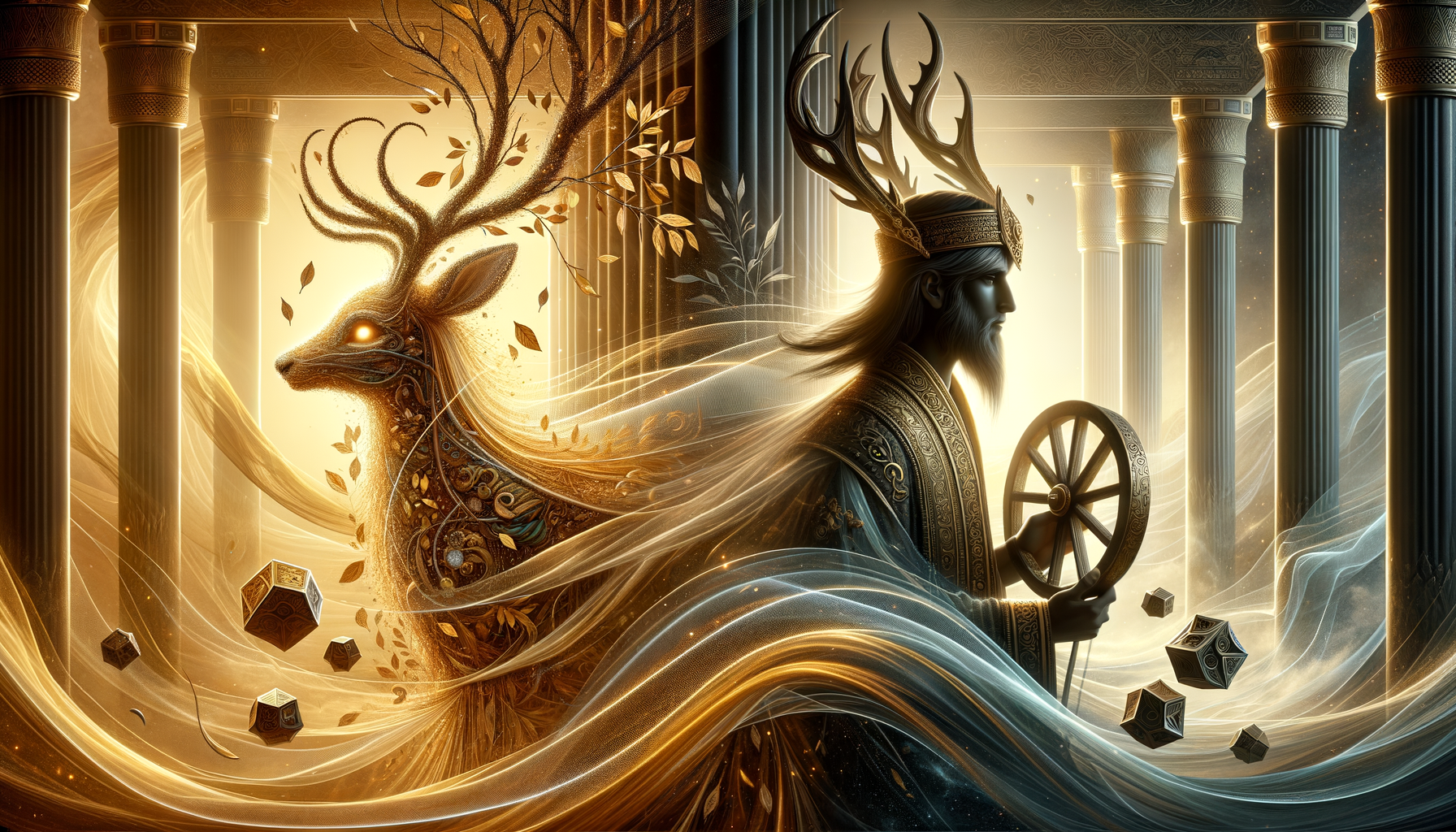 Fantasy illustration of an antlered monarch holding a golden wheel beside a glowing stag of leaves and clockwork, framed by ornate temple columns and swirling light, with floating polyhedral dice.