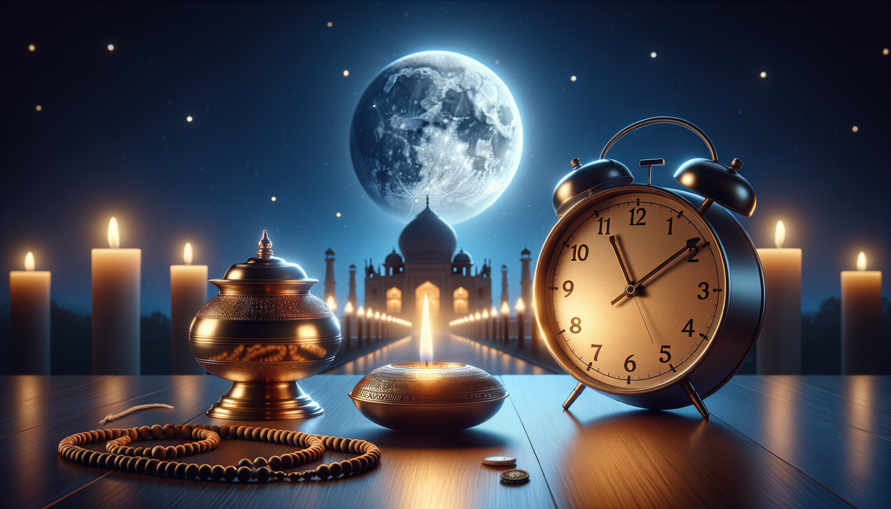 Full moon over a domed mosque at night; candles line the path while an alarm clock, ornate oil lamp, prayer beads, and coins rest on a wooden table, symbolizing Ramadan timing and devotion.