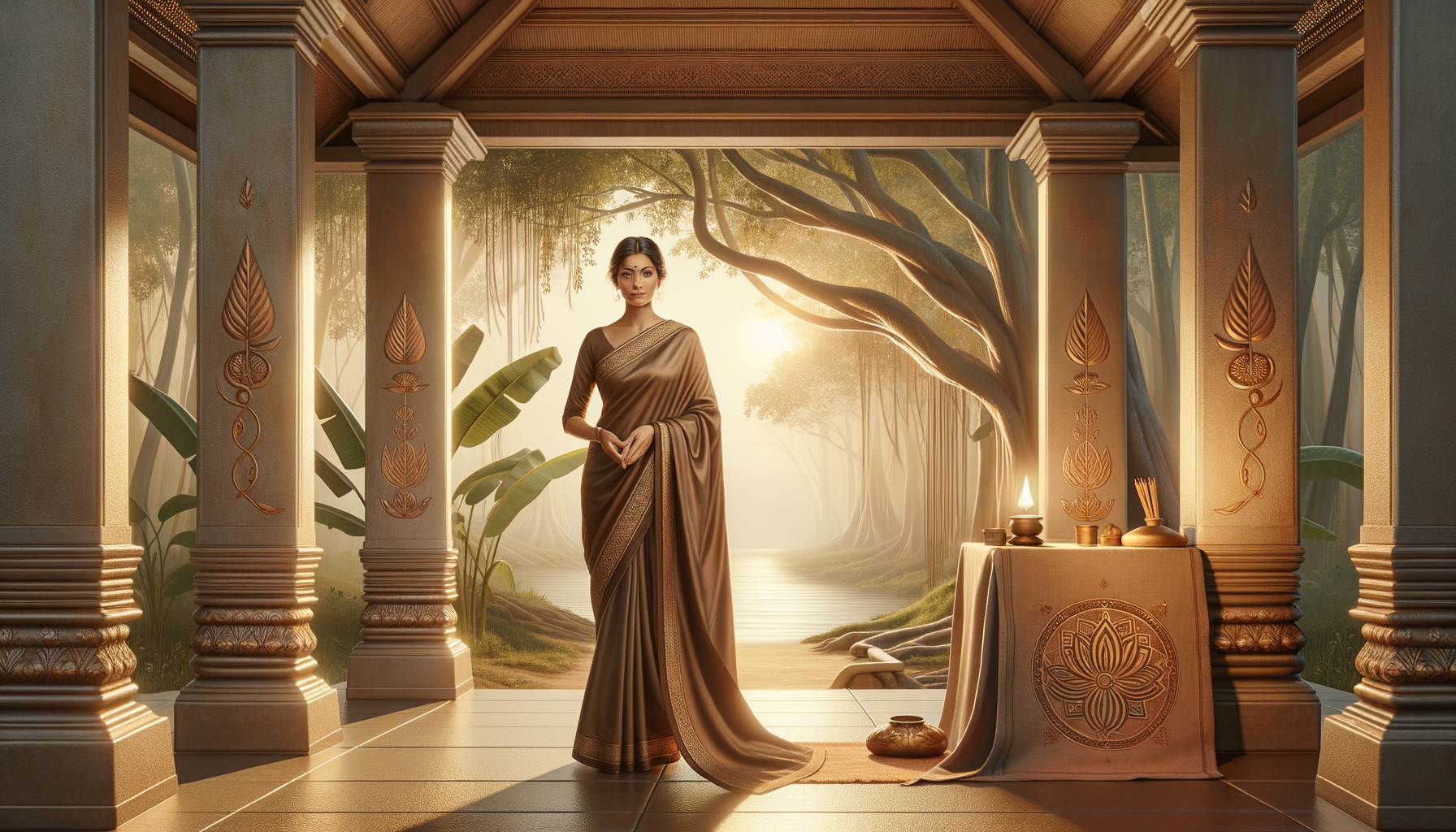 A woman in an earthy-toned sari stands in a stone pavilion with carved pillars, oil lamp, and incense, framed by banyan trees at sunrise, evoking Ayurveda, wellness, and mindful ritual.