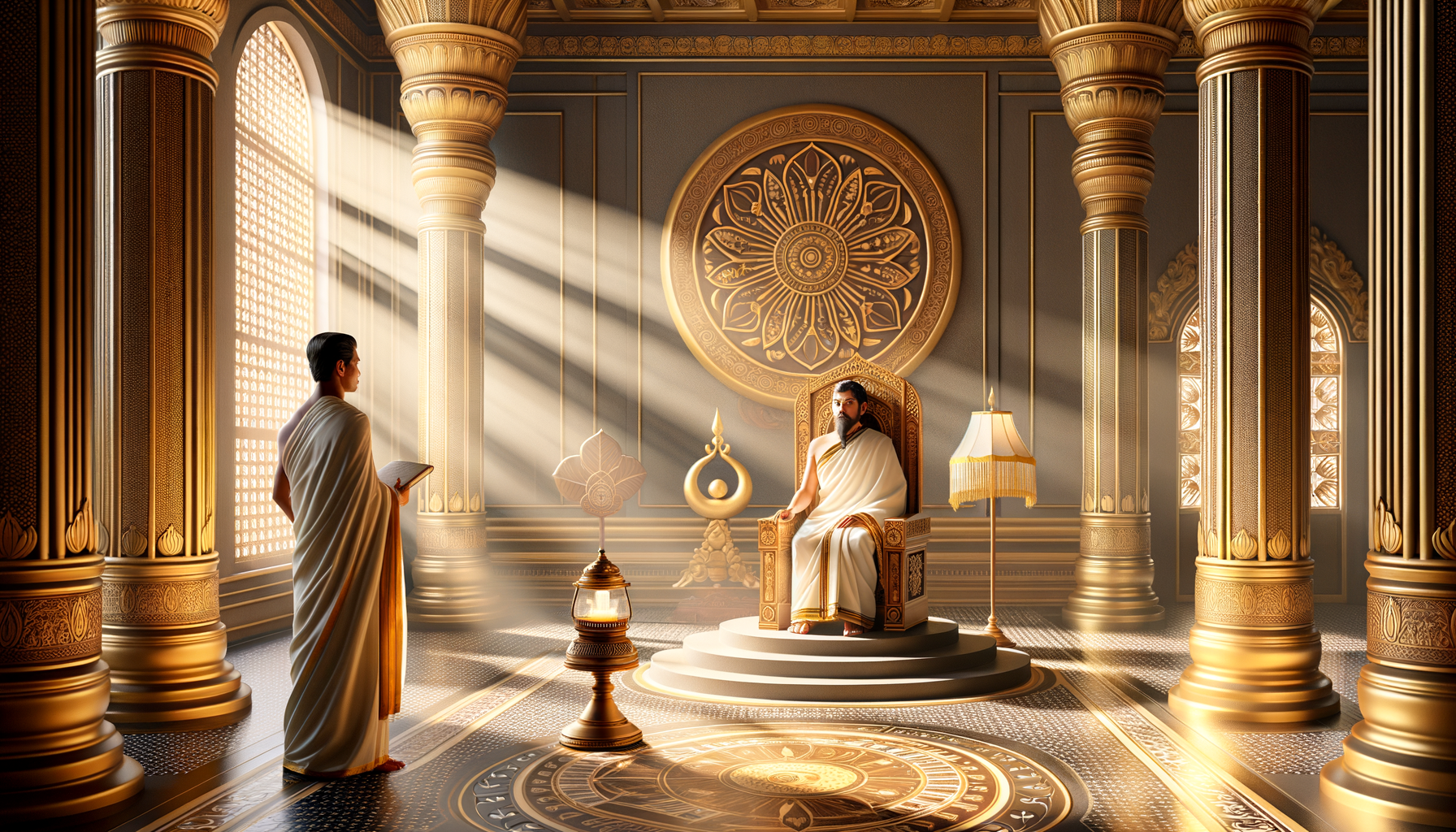 Sunlit golden palace with lattice windows and ornate pillars; a robed ruler on a carved throne hears an advisor with a tablet beside a compass-patterned floor and sacred wall medallions.