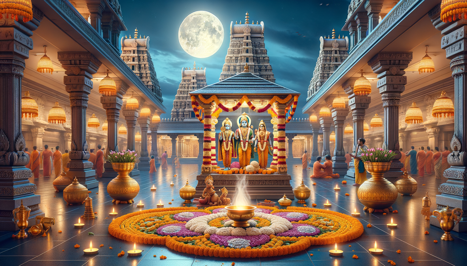 Moonlit South Indian temple courtyard with a garlanded shrine of Rama, Sita, Lakshmana and Hanuman, vibrant flower rangoli, brass vessels, and rows of glowing diyas as devotees in saffron gather for puja.
