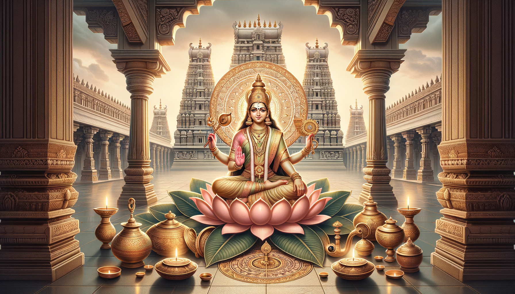 Ornate temple scene with a goddess seated on a pink lotus, framed by a gold halo, holding lotus, conch, disc, and vessel, surrounded by brass lamps and pots, with towering gopurams and carved pillars.