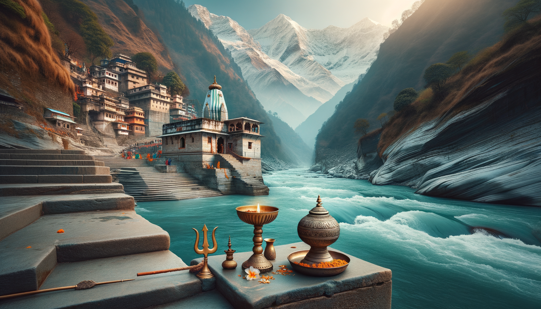 Stone ghats and a riverside temple in a narrow Himalayan valley, with turquoise rapids, brass puja vessels, a trident and oil lamp in the foreground, and snow-capped peaks beyond.