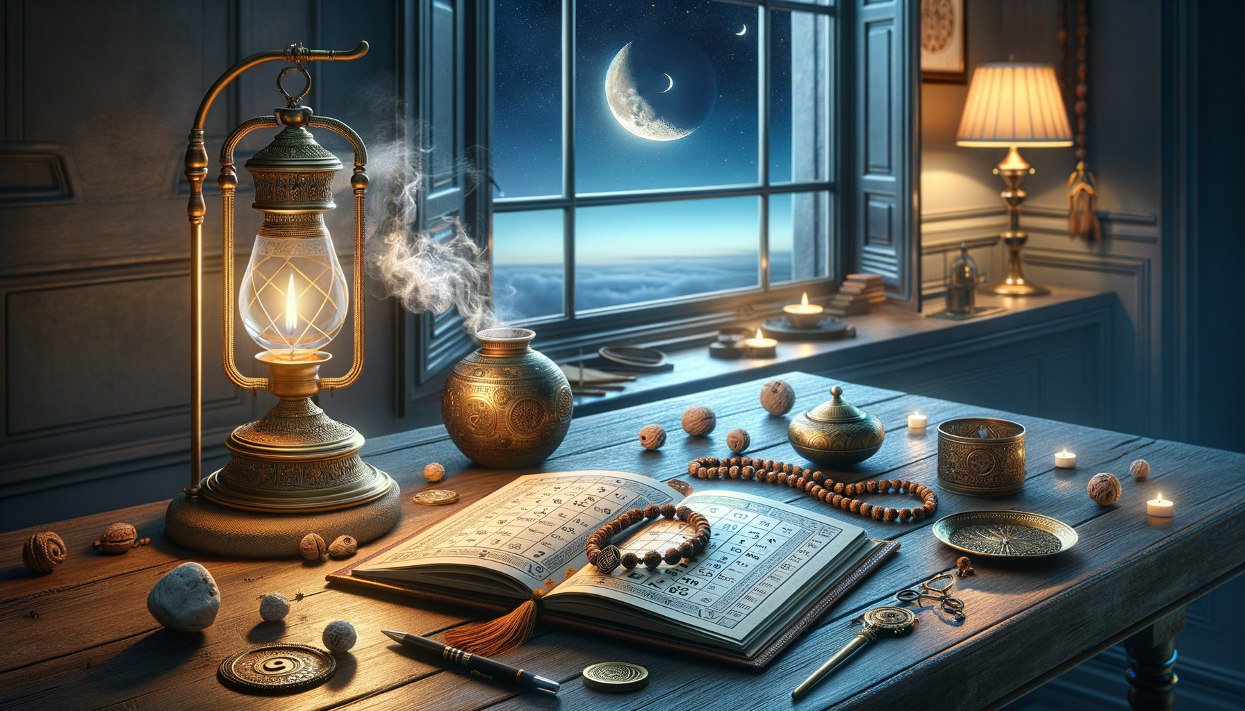 Moonlit study with ornate brass lantern, steaming incense vessel, open symbol-filled book, prayer beads, scattered coins and tools, and a crescent moon glowing beyond the window.